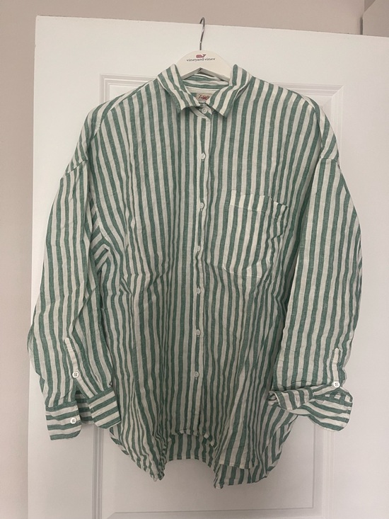 Faherty Tops - Faherty Green and White Vertical Stripe Button-Down Shirt